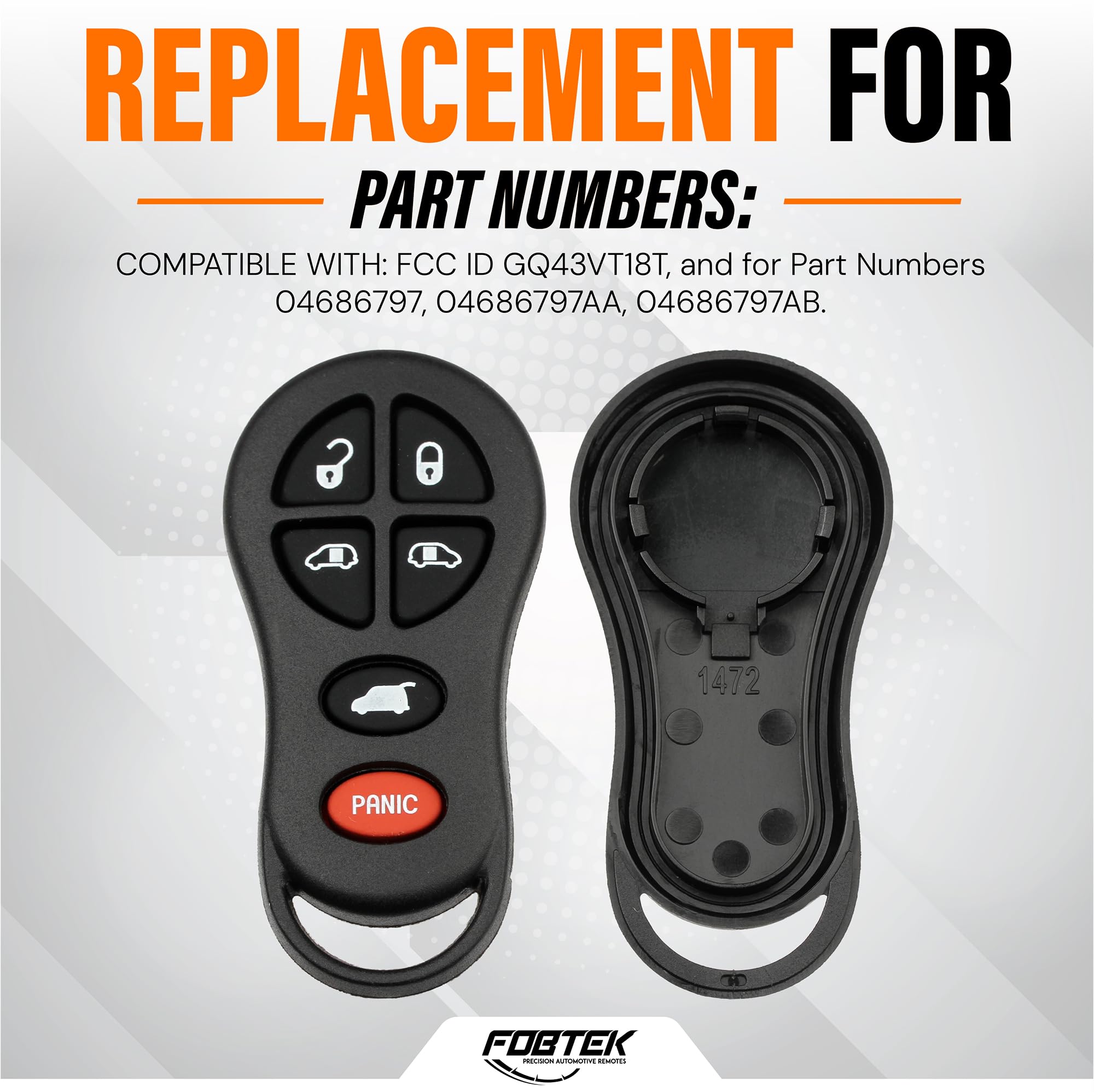 FOBTEK Key Fob Shell Case for Dodge Chrysler GQ43VT18T, 6-Button