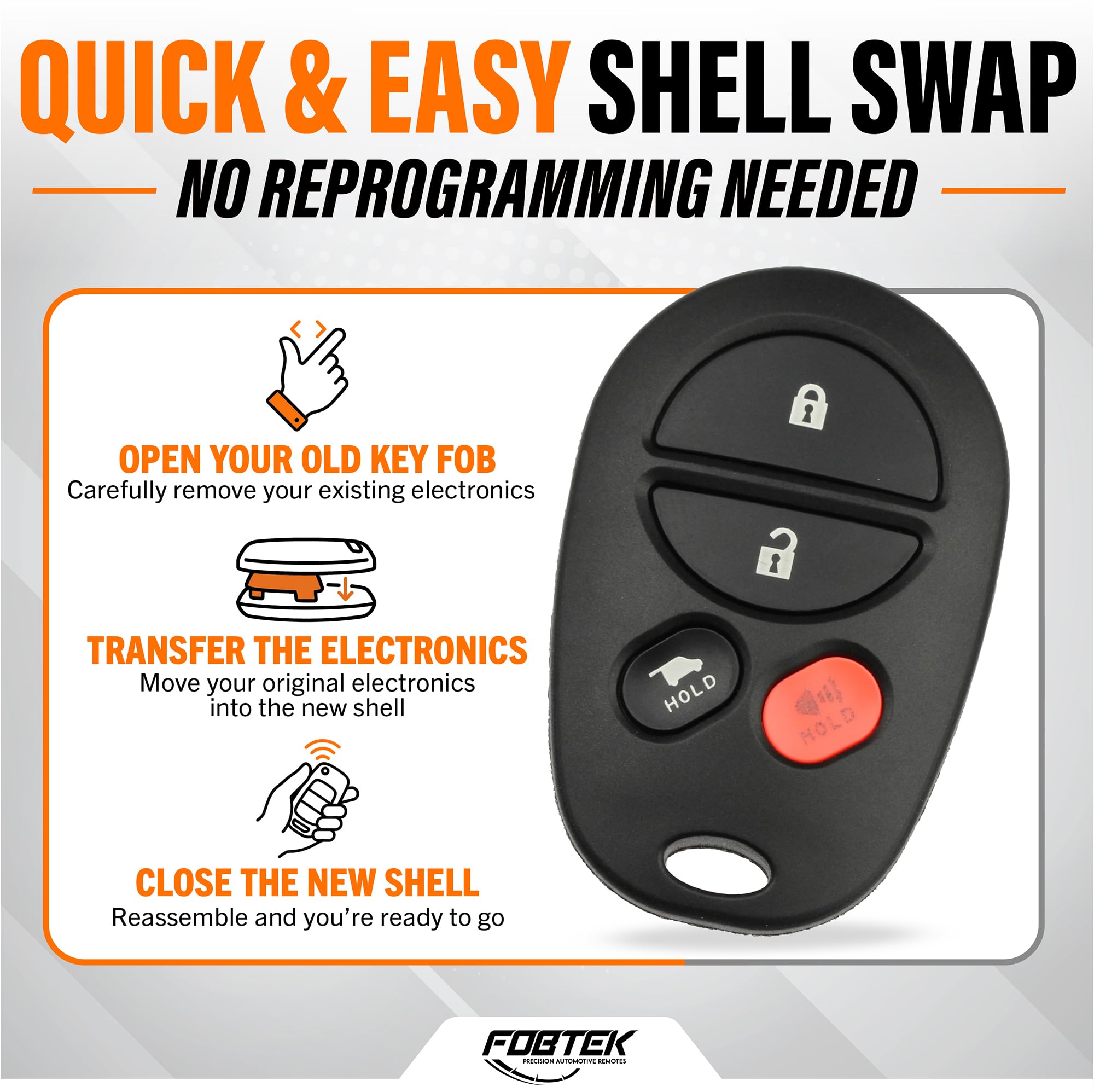 FOBTEK Key Fob Shell Case & Button Pad for Toyota GQ43VT20T, 4-Button