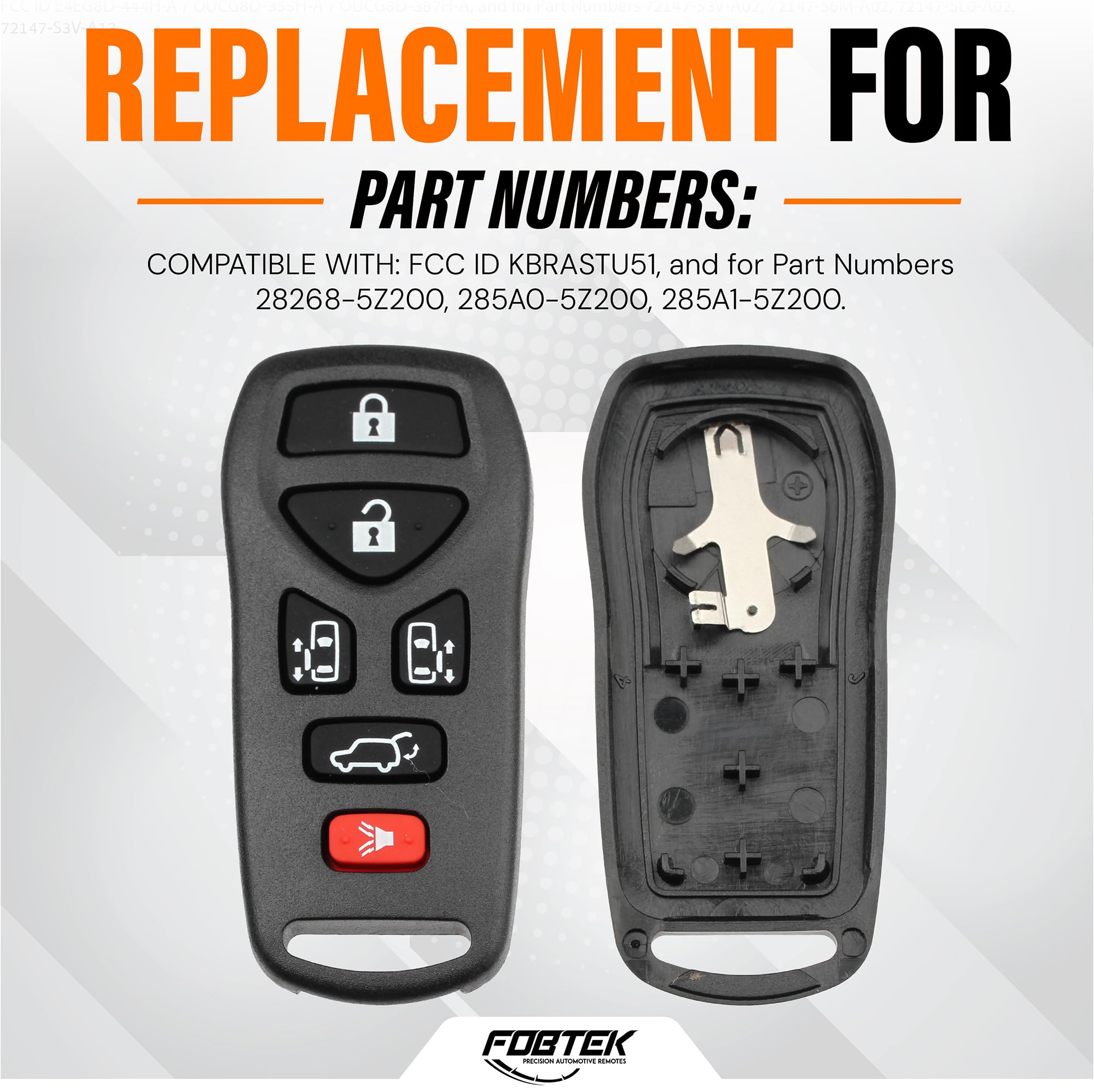 FOBTEK Key Fob Shell Case & Button Pad for Nissan KBRASTU51, 6-Button