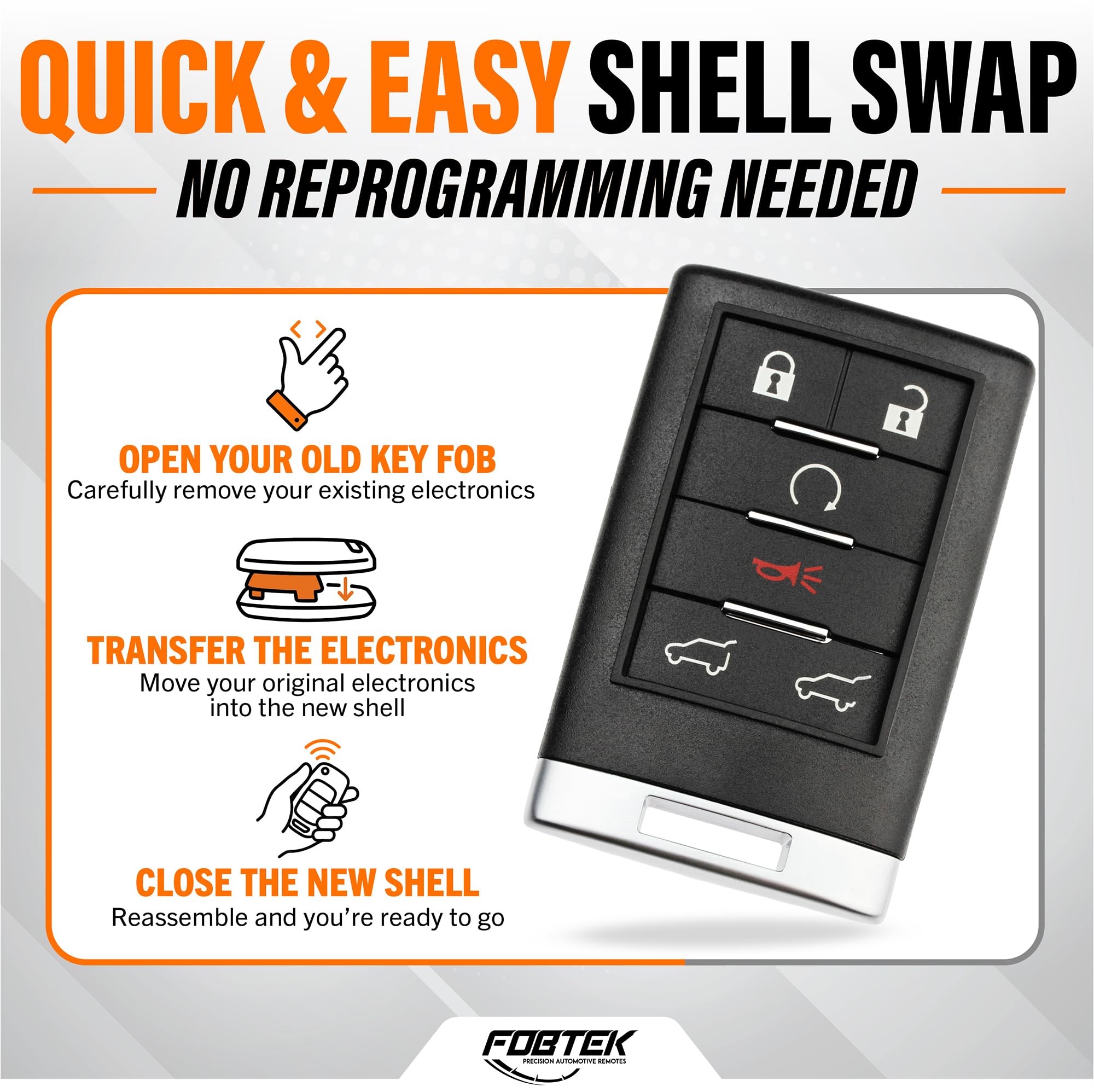 FOBTEK Key Fob Shell Case & Button Pad for Cadillac OUC6000066, 6-Button