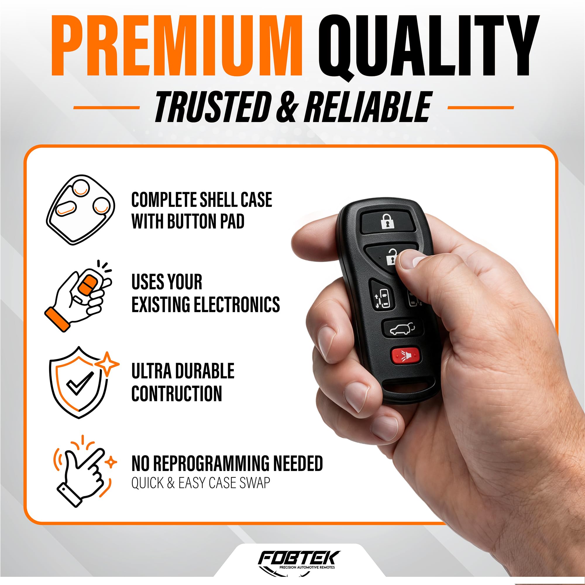 FOBTEK Key Fob Shell Case & Button Pad for Nissan KBRASTU51, 6-Button