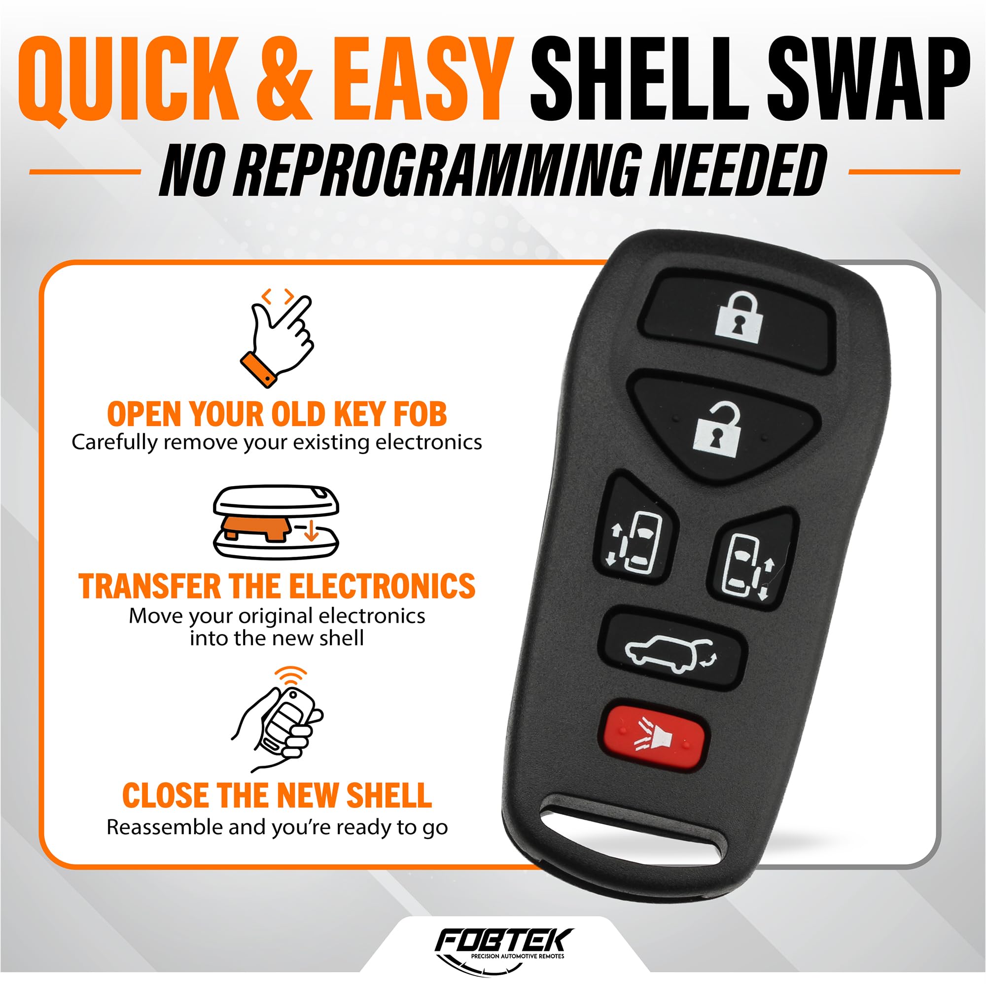 FOBTEK Key Fob Shell Case & Button Pad for Nissan KBRASTU51, 6-Button