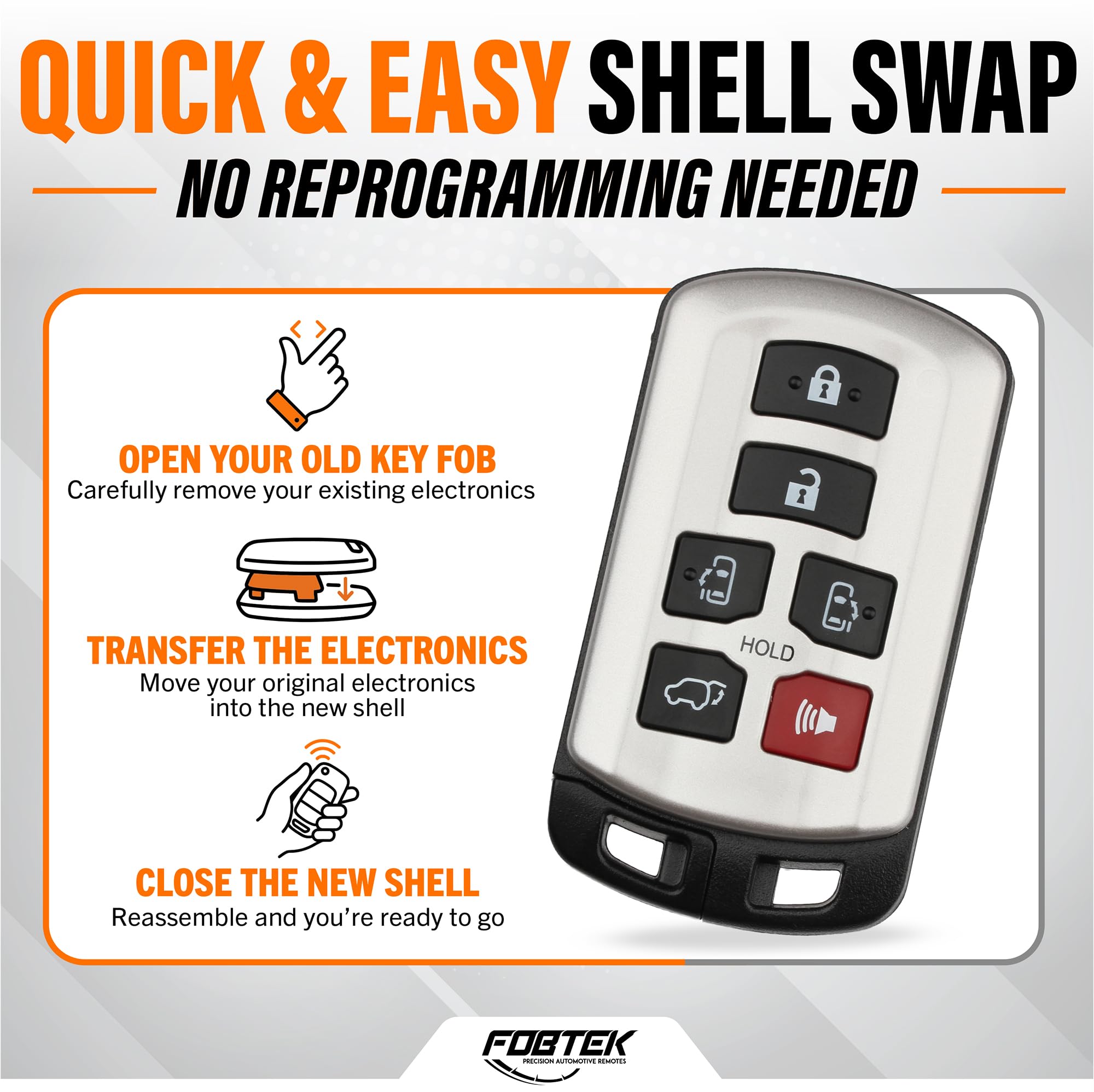 FOBTEK Smart Key Fob Shell Case & Button Pad for Toyota HYQ14ADR, 6-Button