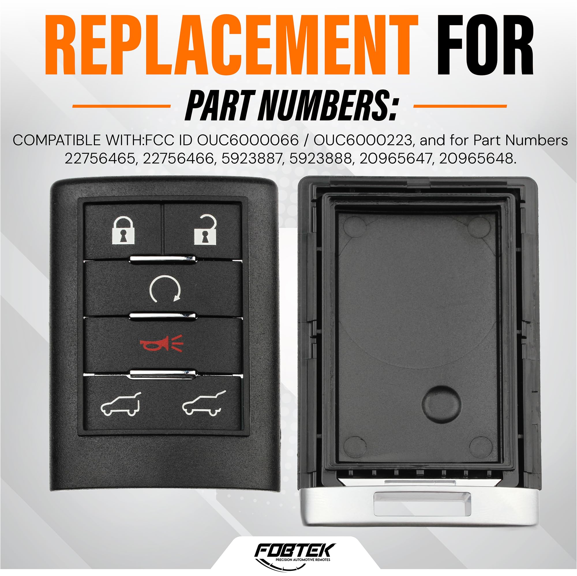 FOBTEK Key Fob Shell Case & Button Pad for Cadillac OUC6000066, 6-Button