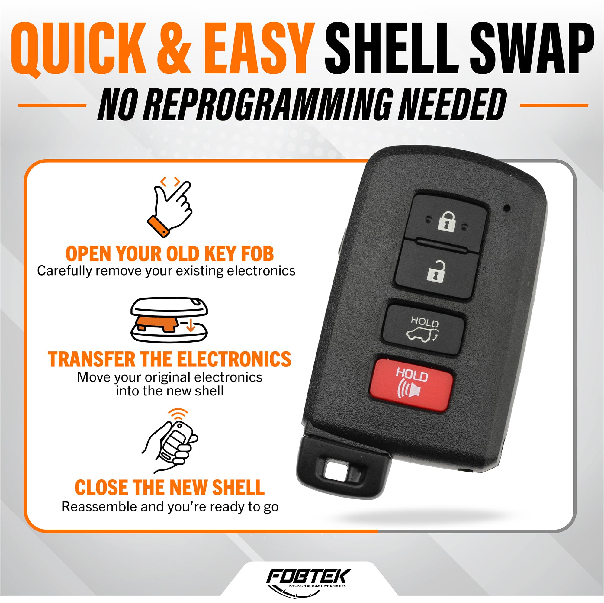 FOBTEK Smart Key Fob Shell Case & Button Pad for Toyota HYQ14FBA, 4-Button
