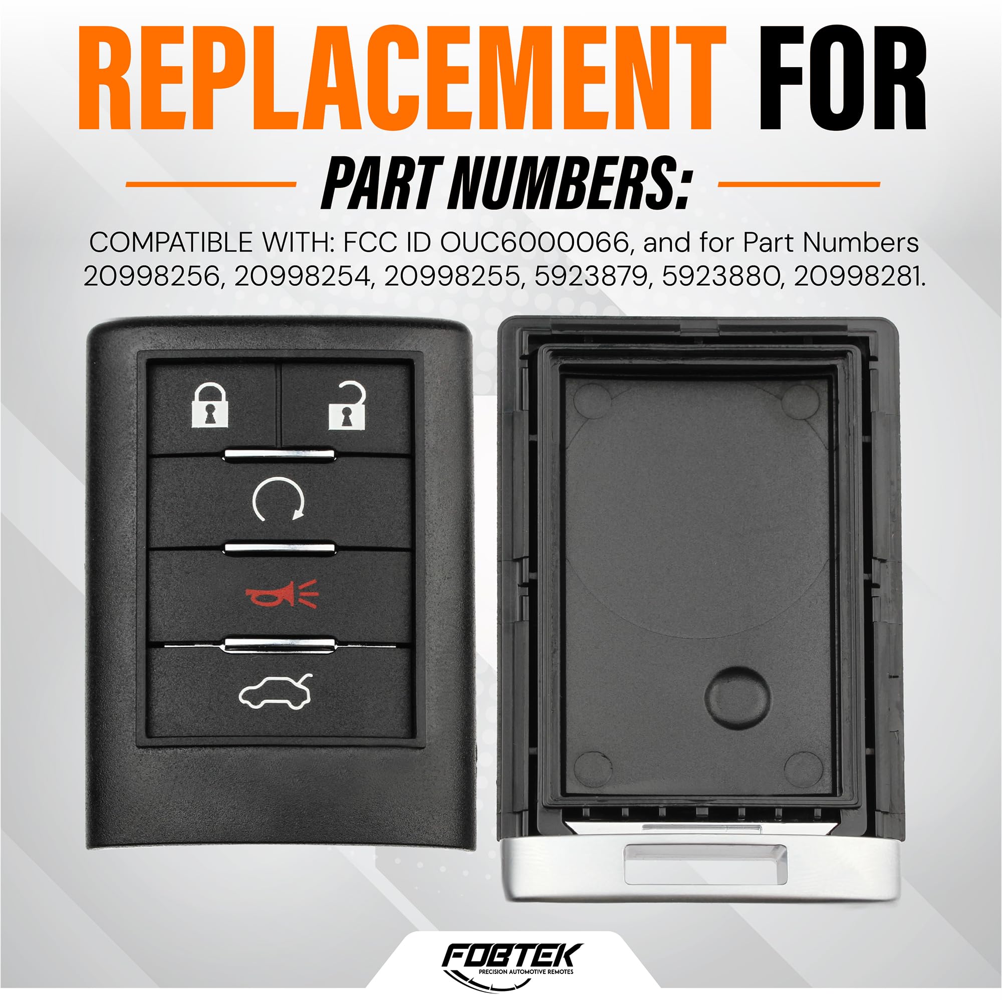 FOBTEK Key Fob Shell Case & Button Pad for Cadillac OUC6000066, 5-Button