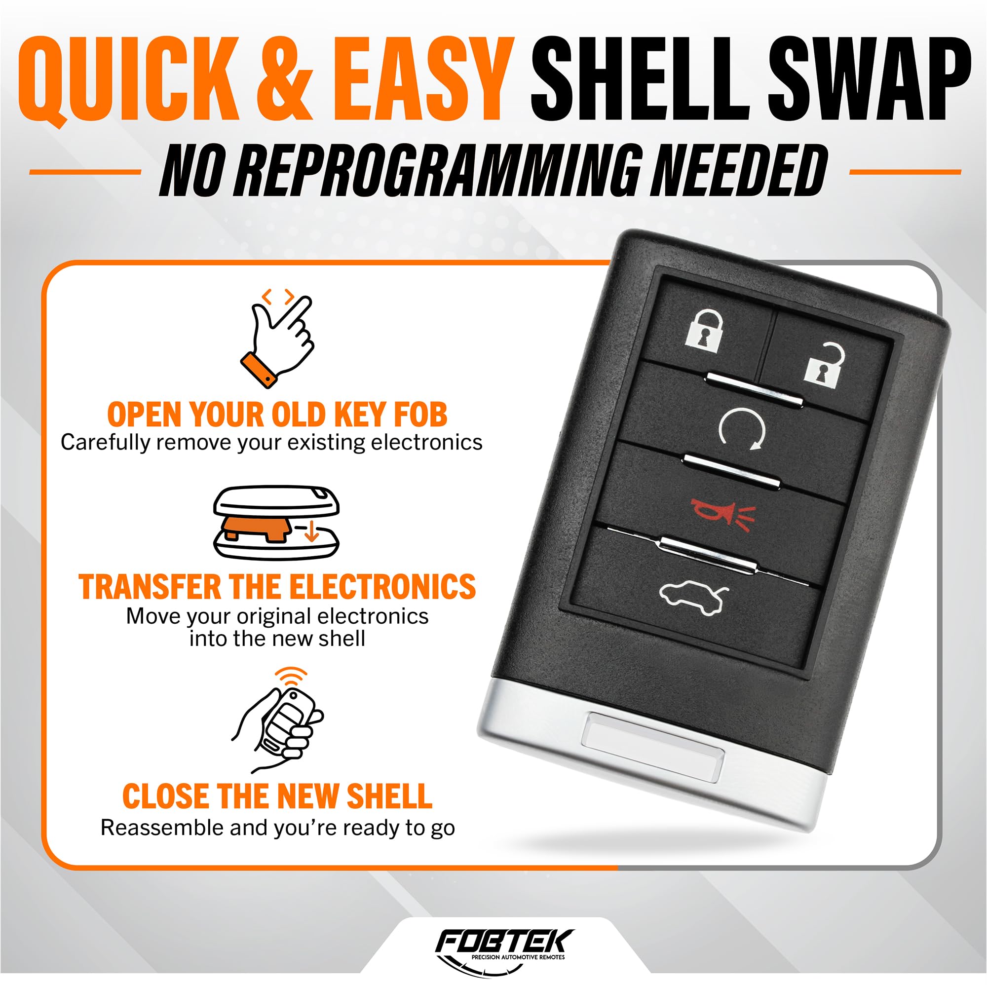 FOBTEK Key Fob Shell Case & Button Pad for Cadillac OUC6000066, 5-Button